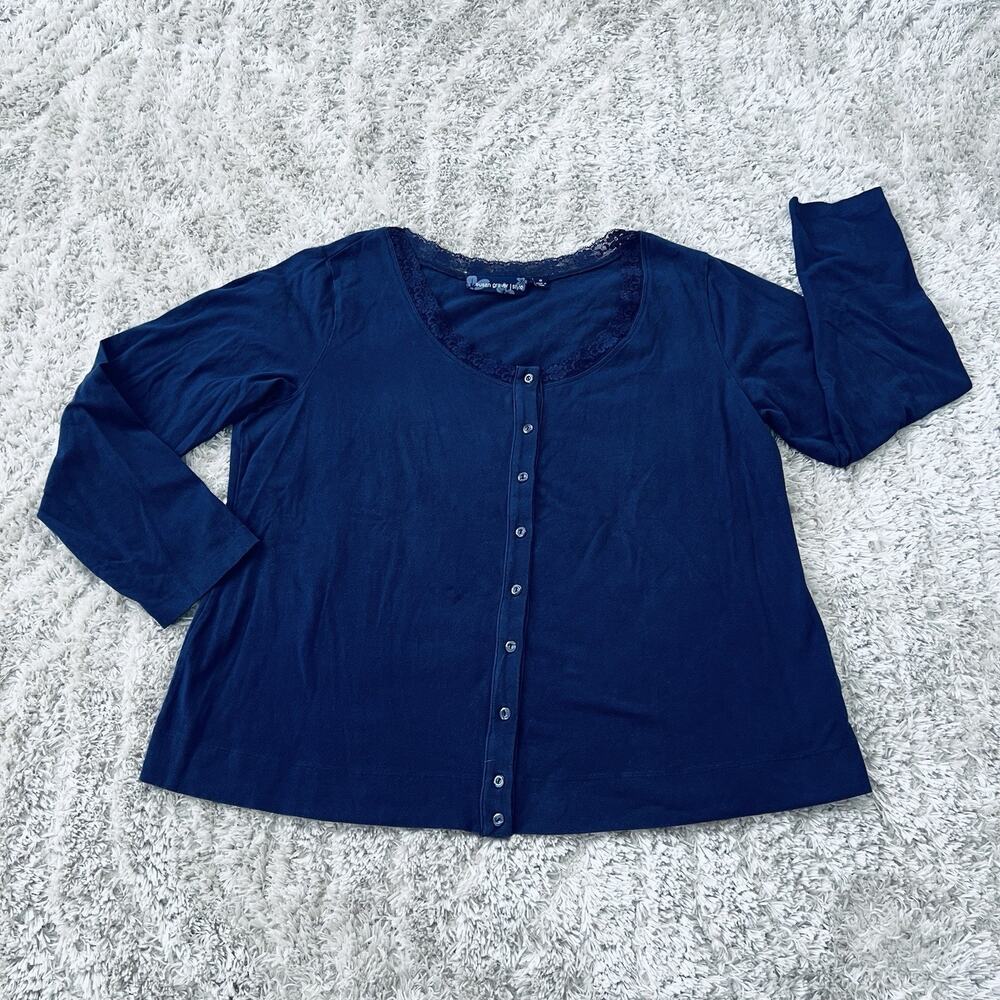 SUSAN GRAVER Style Snap Button Top Plus Women 1X Cotton Long Sleeve Navy Lace